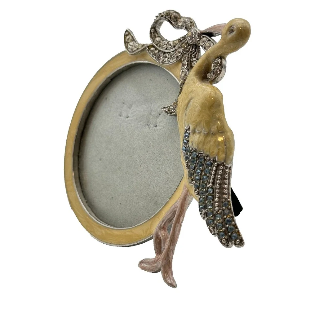 Mother's Day Vintage Jeweled Crane Picture Frame Enamel Rhinestone Tabletop Bird